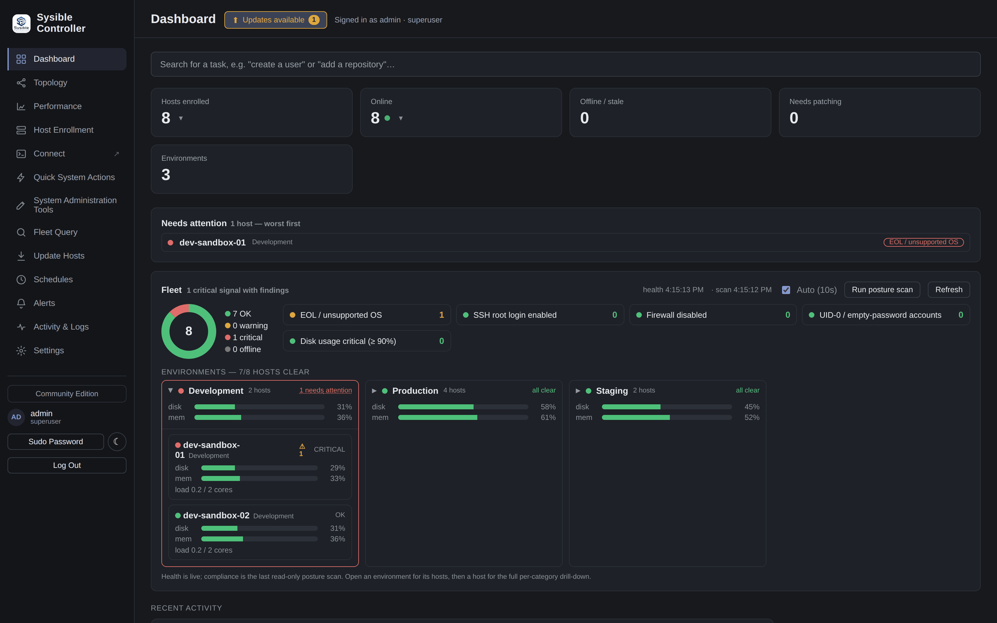The Sysible Controller dashboard: live fleet health and a task-search box over every tool