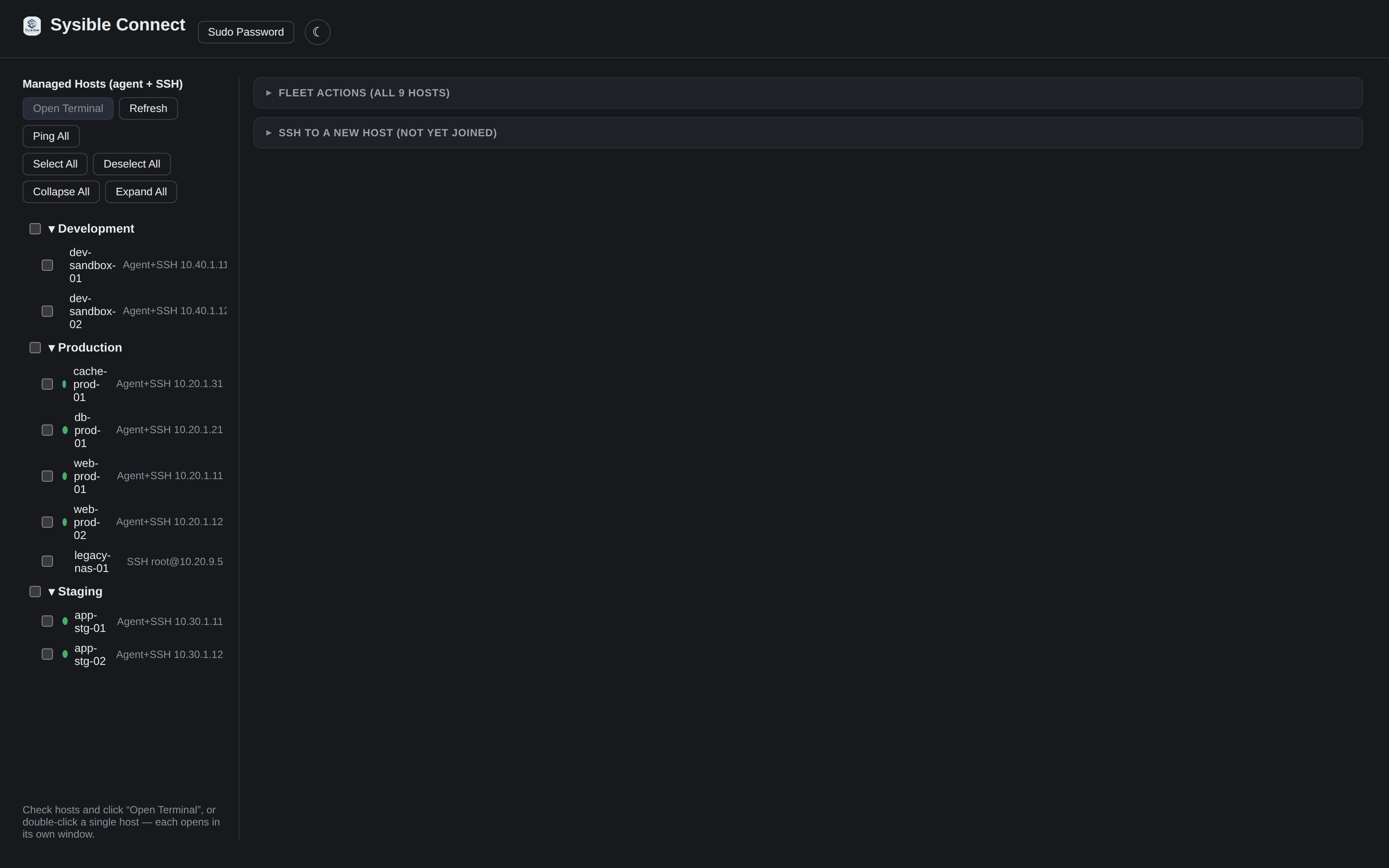 Sysible Connect: a host list on the left, grouped actions and live terminals on the right